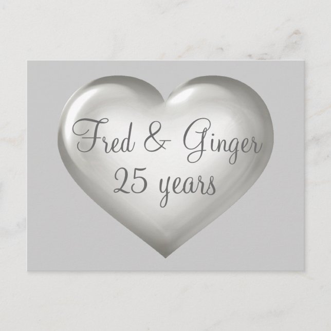 25 Years Silver Glass and White Heart Anniversary Announcement Postcard (Front)
