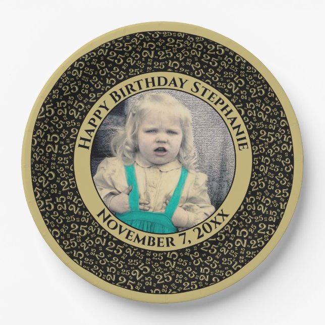 25 Your Photo Random Number Pattern Black/Gold Paper Plates (Front)