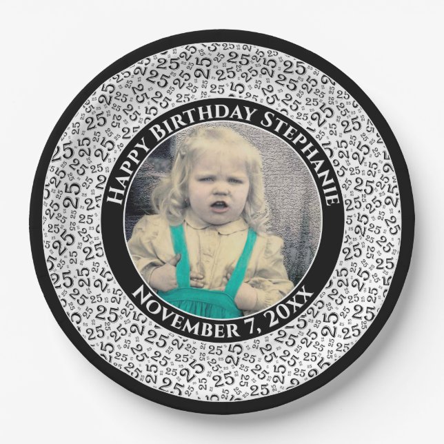 25 Your Photo Random Number Pattern Black/White Paper Plates (Front)