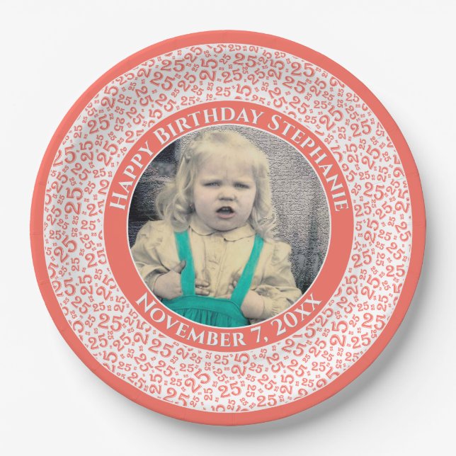 25 Your Photo Random Number Pattern Coral/White Paper Plates (Front)