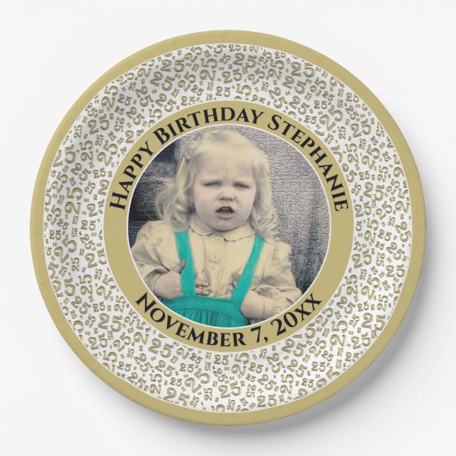25 Your Photo Random Number Pattern Gold/White Paper Plates (Front)