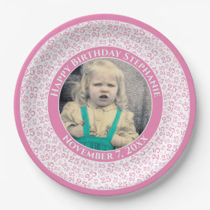 25 Your Photo Random Number Pattern Pink/White Paper Plates