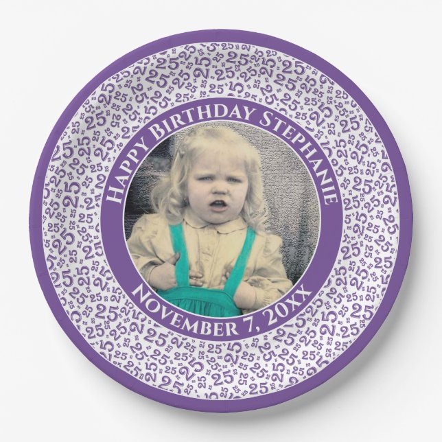 25 Your Photo Random Number Pattern Purple/White Paper Plates (Front)