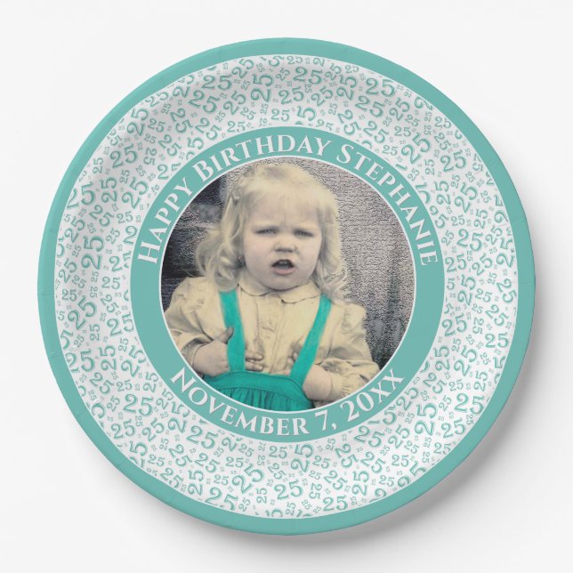 25 Your Photo Random Number Pattern Teal/White Paper Plates (Front)
