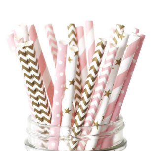 25pk of Gold and Pink Super-Star Paper Straws