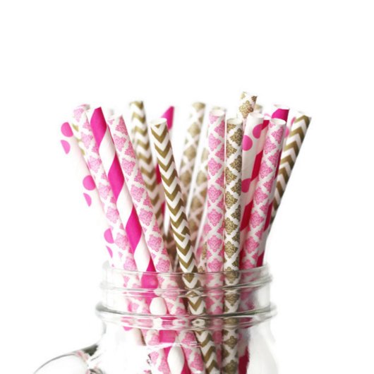 25pk of Pink and Gold Damask Paper Straws (Bundle)