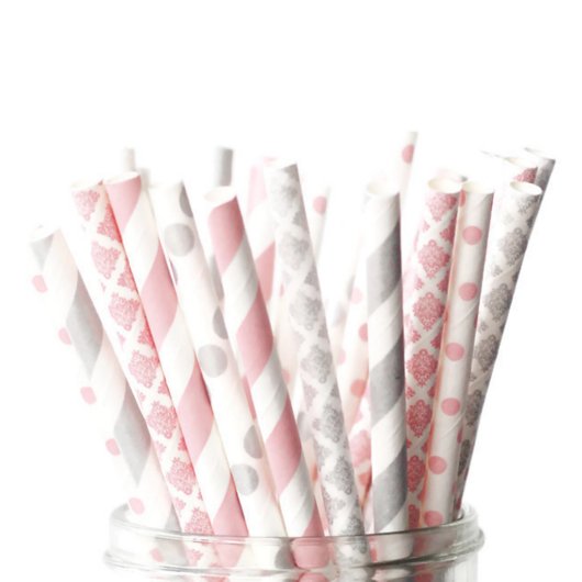 25pk of Pink and Silver Patterned Paper Straws (Bundle)
