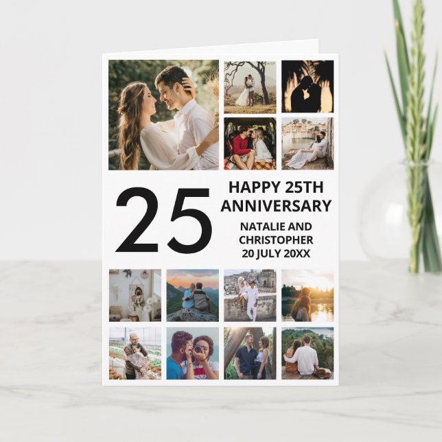 25th Anniversary 13 Photo Collage Black and White Card (Front)