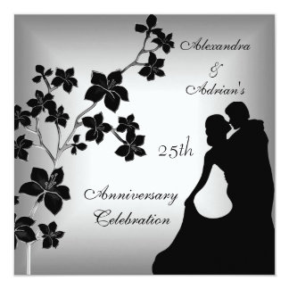 25th Anniversary Asian Black Silver Floral Couple Card