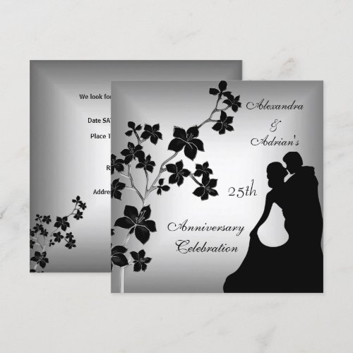 25th Anniversary Asian Black Silver Floral Couple Invites