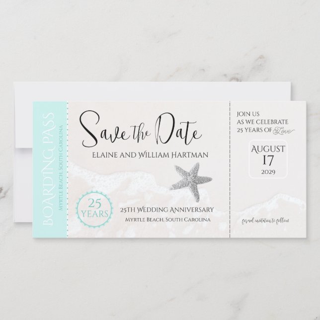 25th Anniversary Beach Boarding Pass Save the Date (Front)