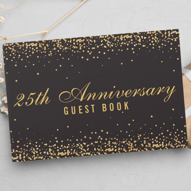 25th Anniversary Black Gold Confetti Elegant Guest Book (Creator Uploaded)