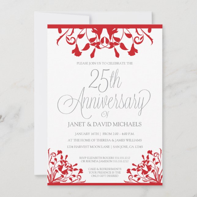 25th Anniversary Botanical Red Invitation (Front)