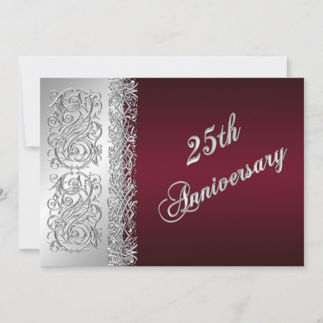25th Anniversary Burgundy, Silver Scrolls Invite (Front)