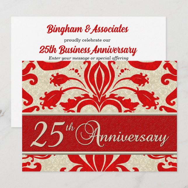 25th Anniversary Business Red Damask Invitation (Front/Back)