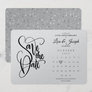 25th Anniversary Calendar Heart Silver Metallic Save The Date