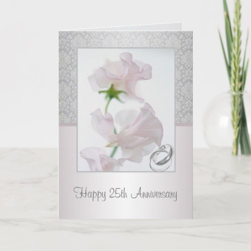 25th Anniversary Card Flowers rings damask patt Card