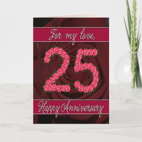 25th anniversary card with roses and leaves