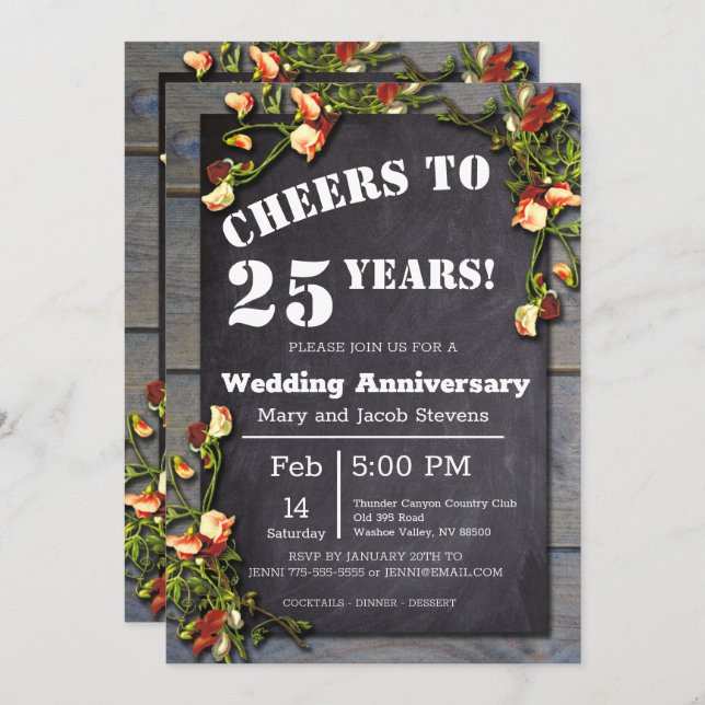 25th Anniversary Chalkboard Floral Border Invitation (Front/Back)