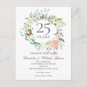 25th Anniversary Change the Date Floral Roses Announcement Postcard