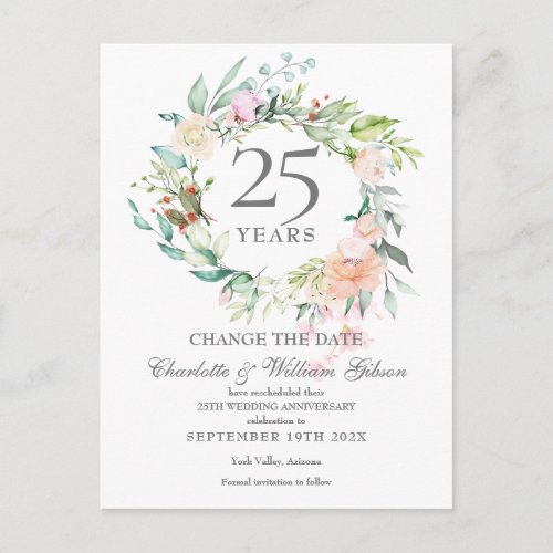 25th Anniversary Change the Date Floral Roses Announcement Postcard