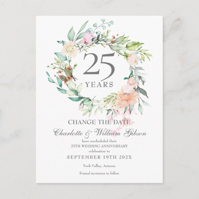 25th Anniversary Change the Date Floral Roses Announcement Postcard (Front)