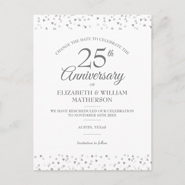 25th Anniversary Change the Date Silver Hearts  Announcement Postcard (Front)