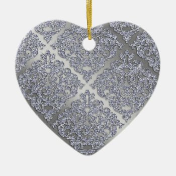 25th Anniversary Christmas Sparkle Silver Damask Ceramic Ornament by WeddingShop88 at Zazzle