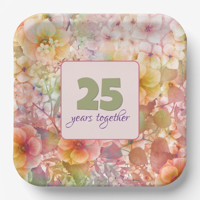 25th Anniversary Cosmos Floral Design Paper Plates (Front)