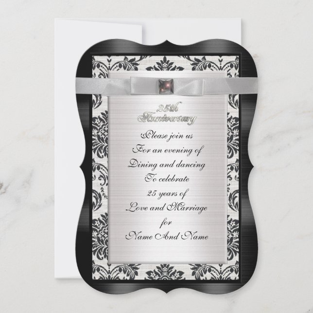 25th Anniversary Damask invitation black and white (Front)
