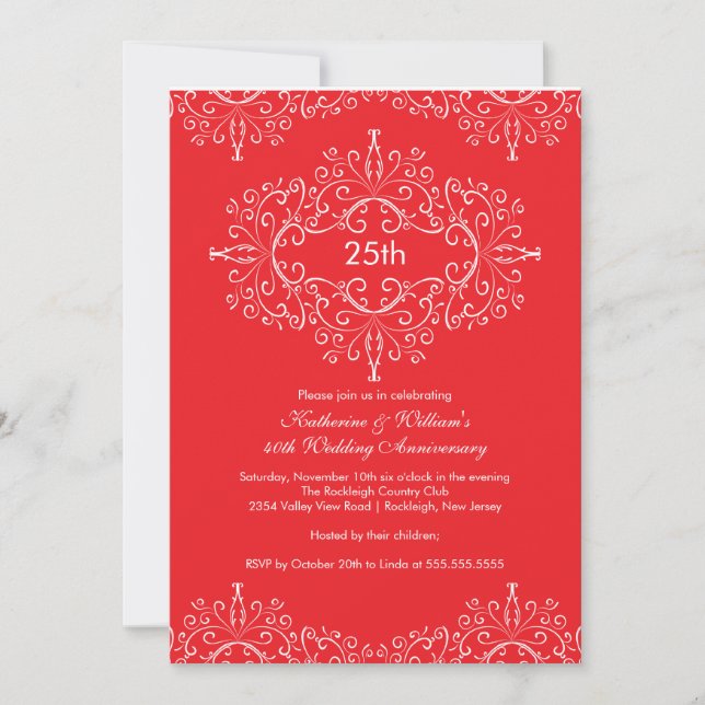 25th Anniversary Damask Invitation Red White (Front)