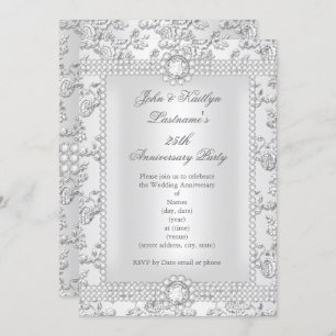 25th Anniversary Diamond Rose Damask Silver long Invitation
