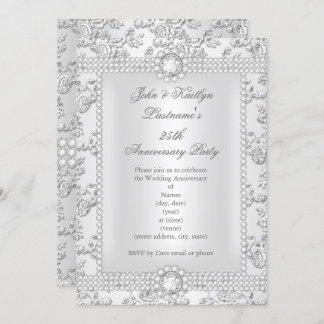 25th Anniversary Diamond Rose Damask Silver long Invitation