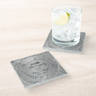25th Anniversary. Diamonds And Silver Tones Glass Coaster