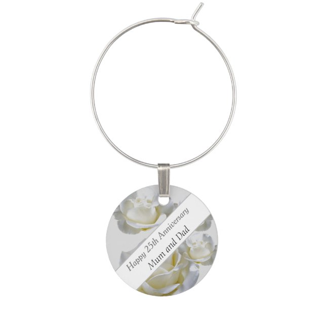 25th Anniversary editable Silver Rose    Wine Charm (Front)