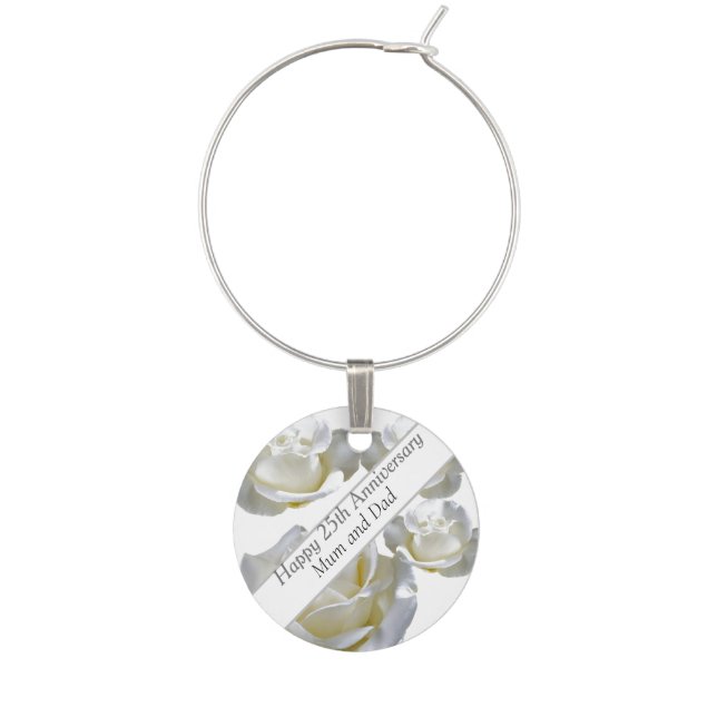 25th Anniversary editable Silver Rose    Wine Charm (Front)