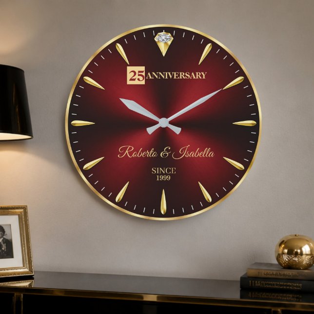 25th Anniversary Elegant Ruby Red & Gold Wedding A Large Clock (Creator Uploaded)