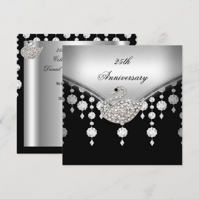 25th Anniversary Elegant Silver Black White Swan Invitation (Front/Back)