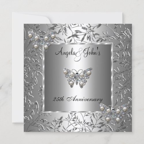 25th Anniversary Elegant Silver Floral Butterfly 5.25x5.25 Square Paper Invitation Ca...