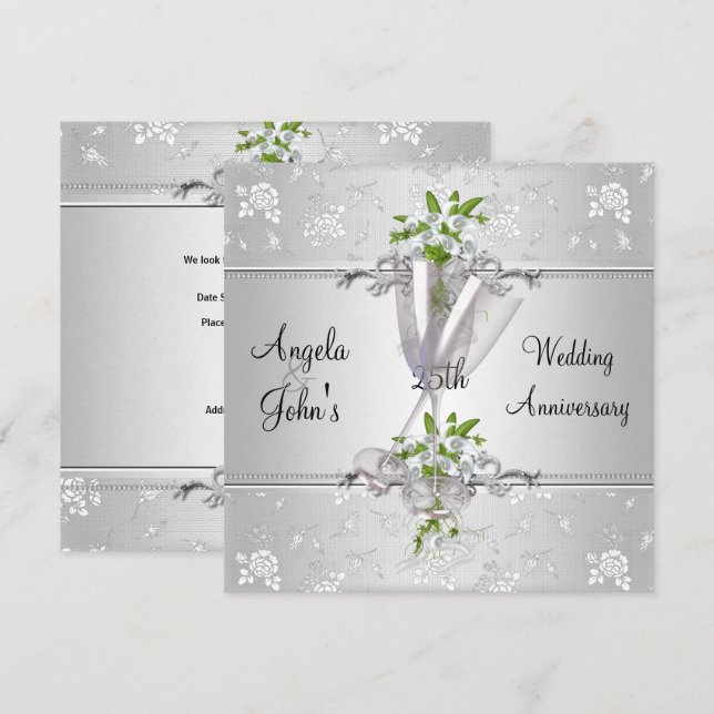 25th Anniversary Elegant Silver White Floral Invitation (Front/Back)