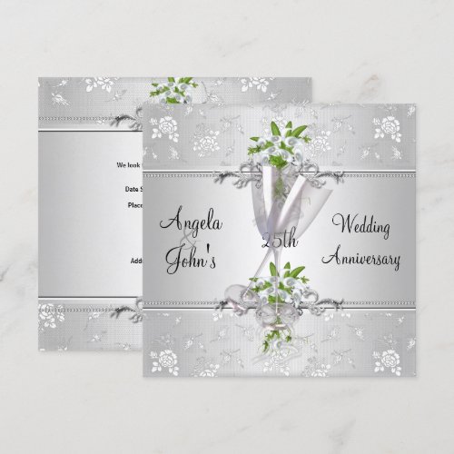 25th Anniversary Elegant Silver White Floral Personalized Announcements