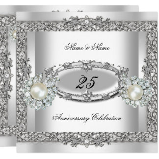 25th Anniversary Elegant White Silver Pearl Lace 2 Invitation