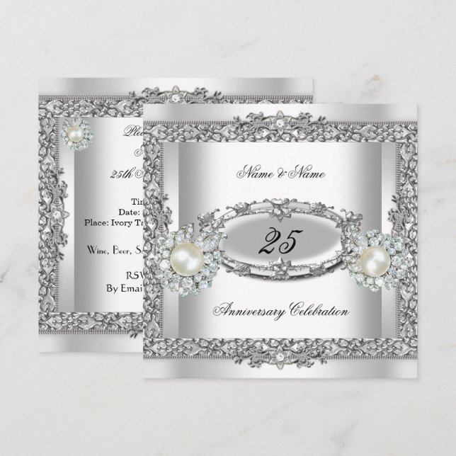 25th Anniversary Elegant White Silver Pearl Lace 2 Invitation (Front/Back)