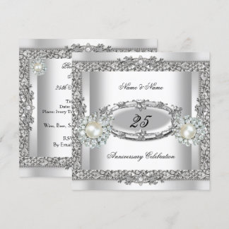 25th Anniversary Elegant White Silver Pearl Lace 2 Invitation