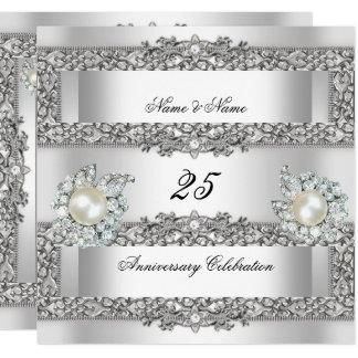 25th Anniversary Elegant White Silver Pearl Lace Card