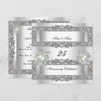 25th Anniversary Elegant White Silver Pearl Lace Invitation