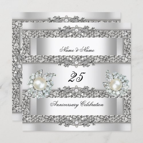 25th Anniversary Elegant White Silver Pearl Lace Invitation