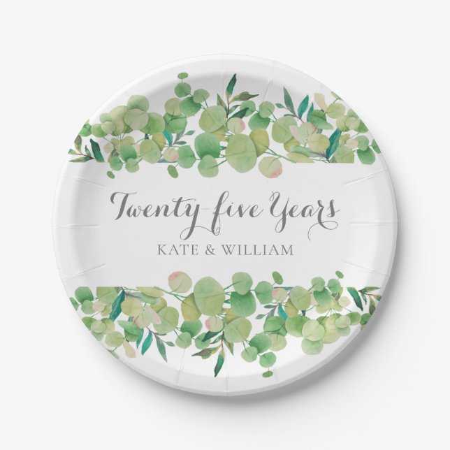 25th Anniversary Eucalyptus Floral Greenery  Paper Plates (Front)