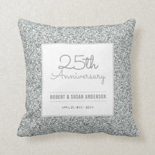 25th Anniversary Faux Silver Glitter Keepsake Throw Pillow