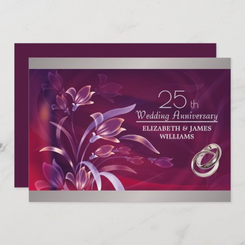25th Anniversary Floral Burgundy Silver Invitation